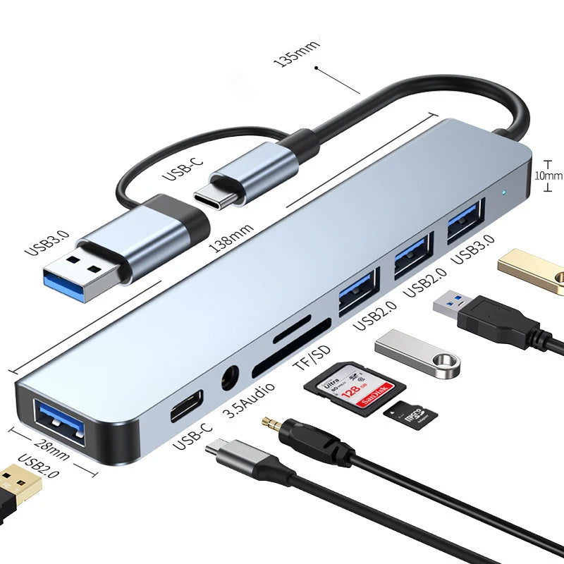 8-in-2 USB-C Hub Docking Station with Audio Jack & SD Card Reader